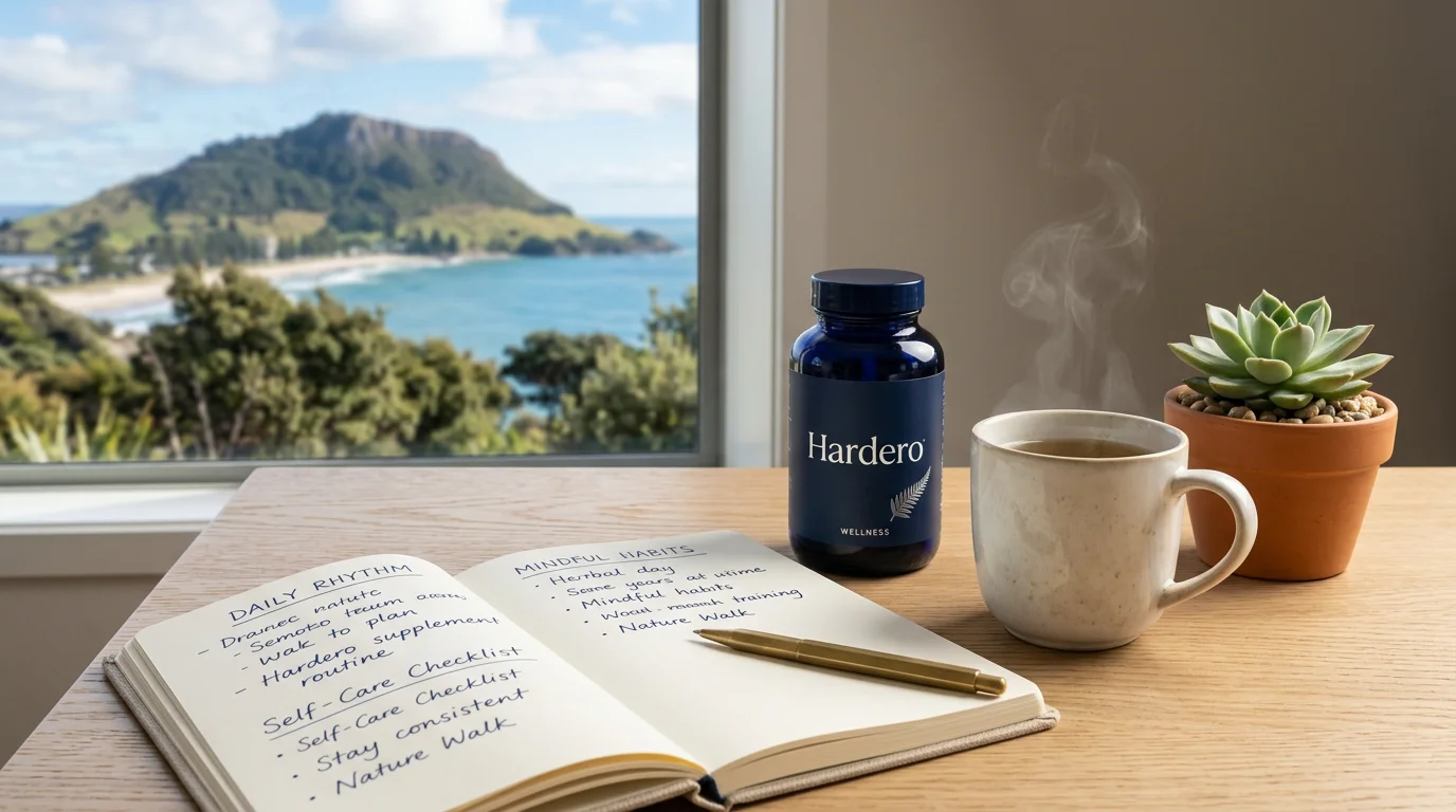 Editorial wellness desk with Hardero supplement bottle, notebook and morning coffee